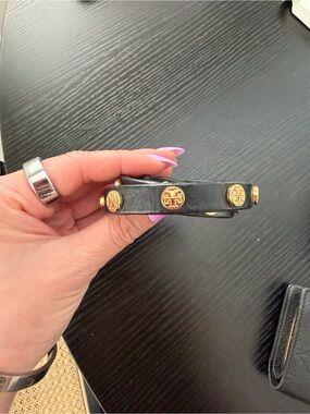Tory Burch Black Leather Bracelet with Gold Logo Studs